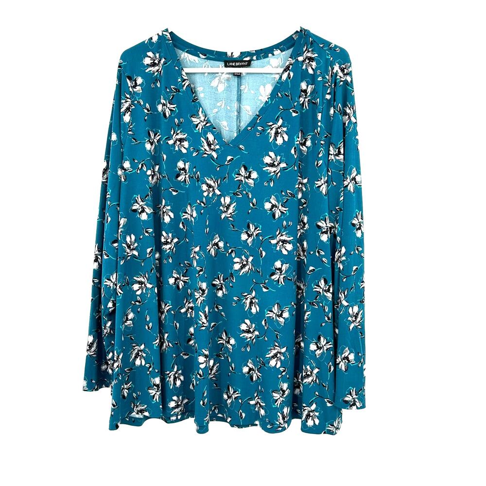 Lane Bryant Size 18 / 20 Long Sleeve V Neck Top Blouse Blue White Floral Print